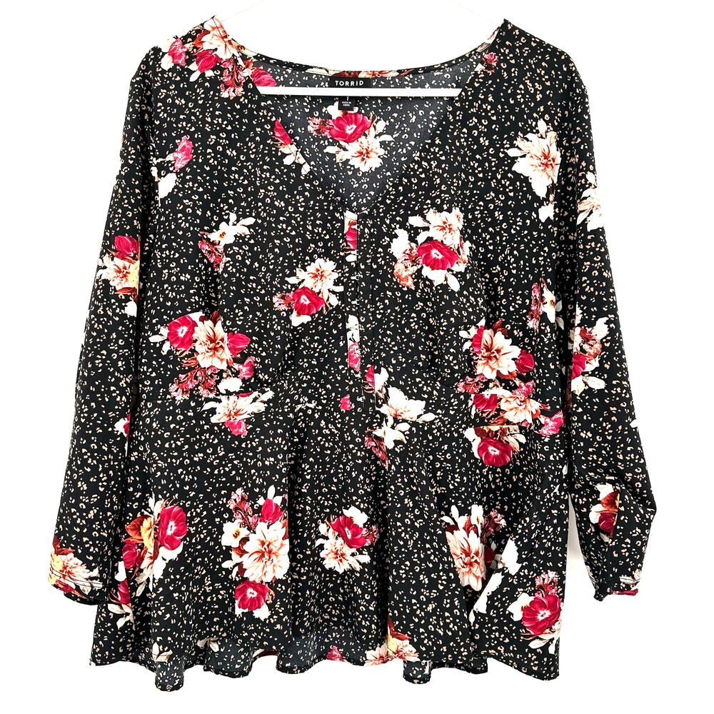 Torrid Size 1‎ Blouse Black Floral Peplum Flare Ruffle Long Sleeve Business